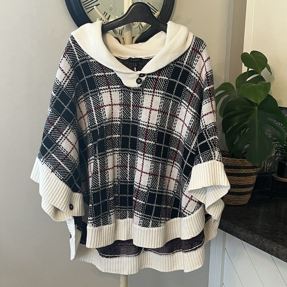Talbots Cowlneck Cape Poncho Size Small Lambswool Plaid‎ Knitted Black Cream